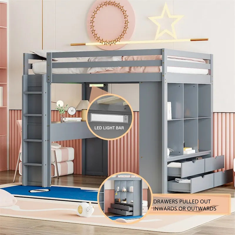 Lit mezzanine pleine grandeur avec de grandes étagères, un bureau et un éclairage LED