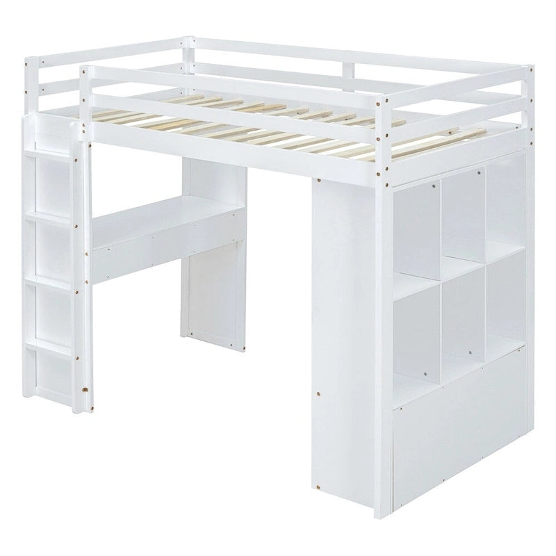 Lit mezzanine pleine grandeur avec de grandes étagères, un bureau et un éclairage LED