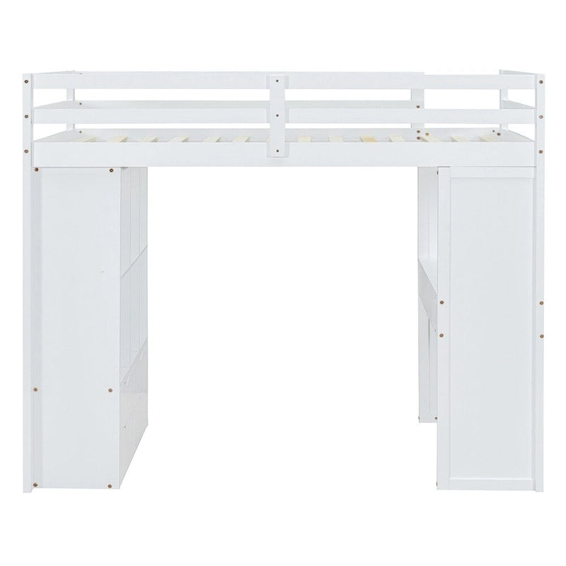 Lit mezzanine pleine grandeur avec de grandes étagères, un bureau et un éclairage LED