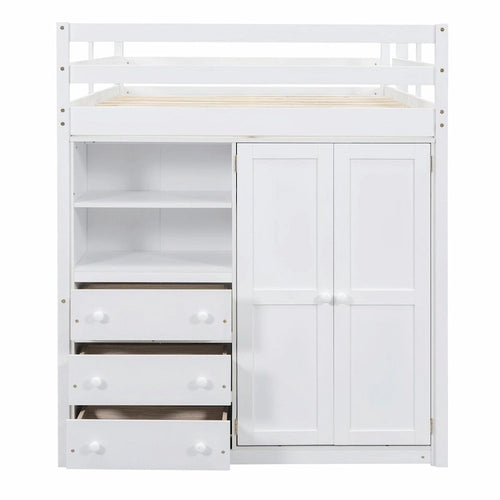 Full Size Loft Bed with Wardrobe, Desk, Storage Shelves, and Drawers