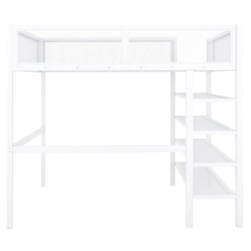 Full Size Metal Loft Bed with 4-Tier Shelves and Storage