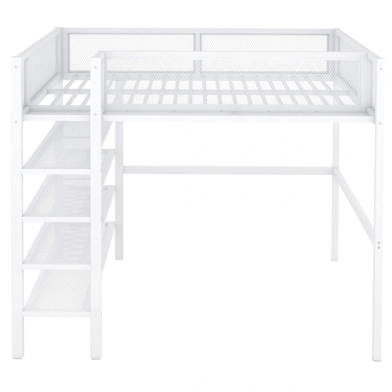 Full Size Metal Loft Bed with 4-Tier Shelves and Storage