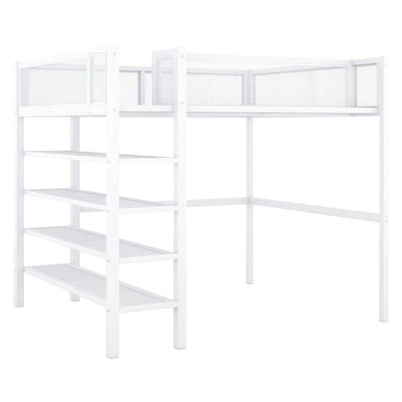 Full Size Metal Loft Bed with 4-Tier Shelves and Storage