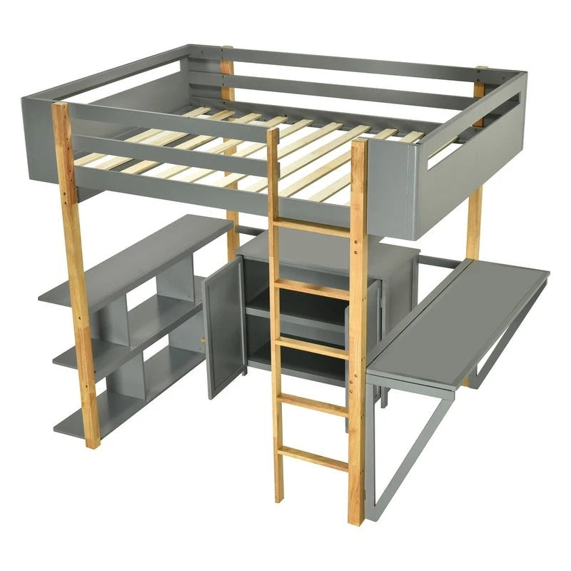 Lit mezzanine en bois pleine grandeur avec armoire de rangement intégrée et compartiments, bureau pliable