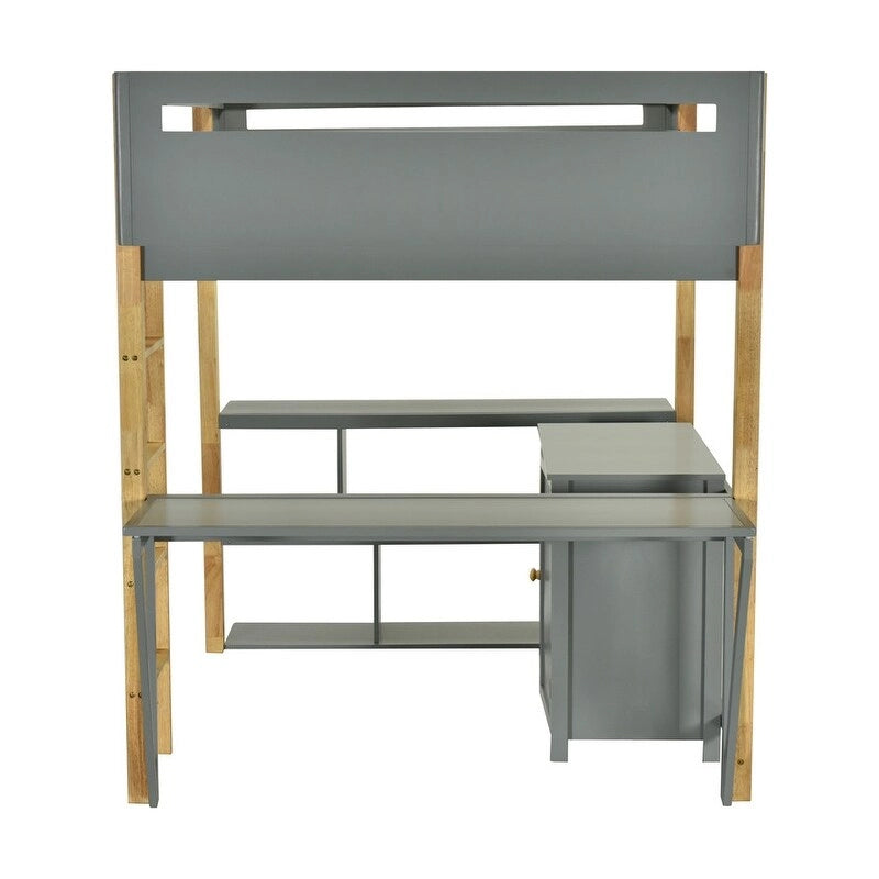 Lit mezzanine en bois pleine grandeur avec armoire de rangement intégrée et compartiments, bureau pliable