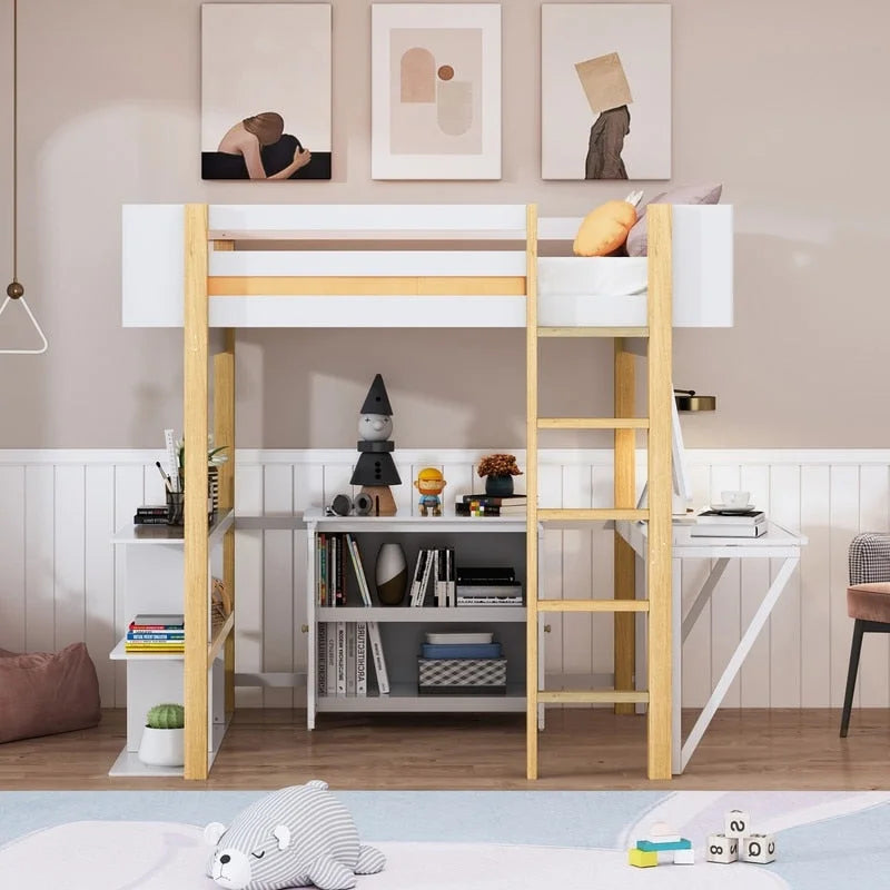 Lit mezzanine en bois pleine grandeur avec armoire de rangement intégrée et compartiments, bureau pliable
