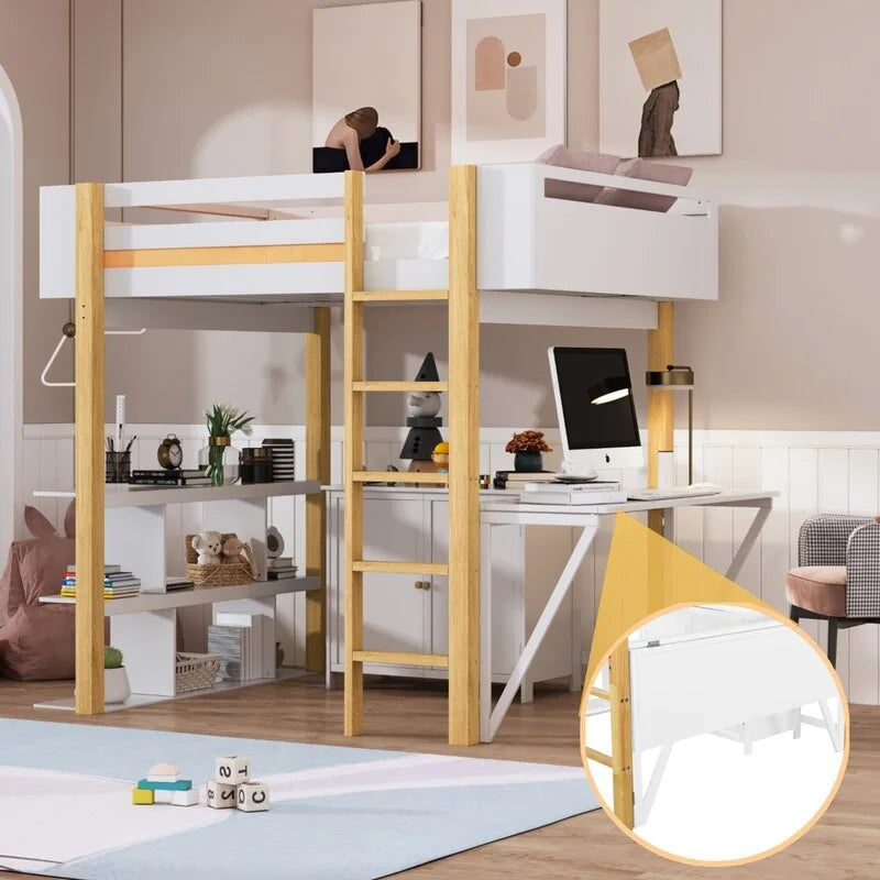 Lit mezzanine en bois pleine grandeur avec armoire de rangement intégrée et compartiments, bureau pliable