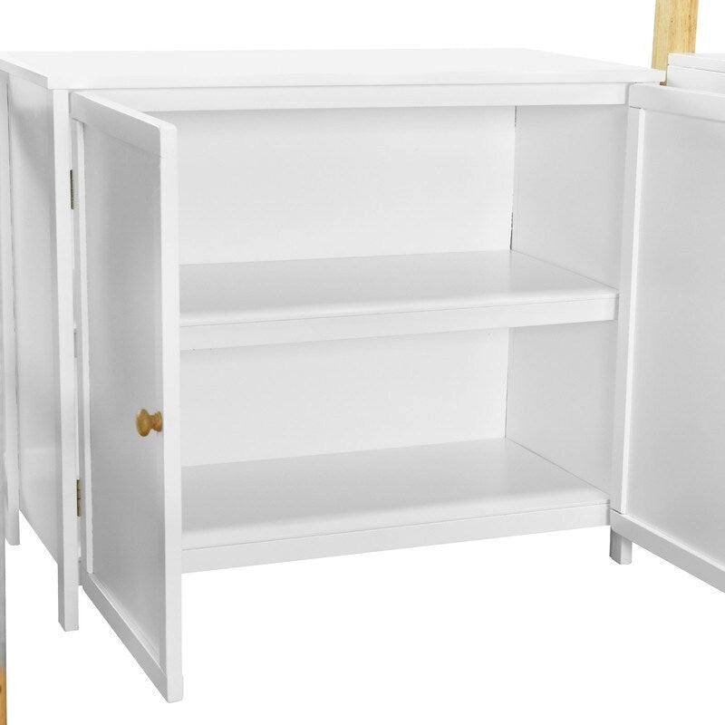 Lit mezzanine en bois pleine grandeur avec armoire de rangement intégrée et compartiments, bureau pliable