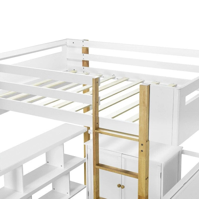 Lit mezzanine en bois pleine grandeur avec armoire de rangement intégrée et compartiments, bureau pliable