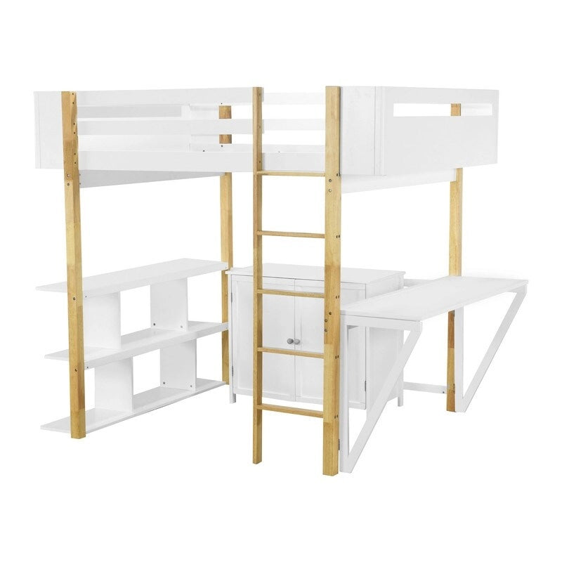 Lit mezzanine en bois pleine grandeur avec armoire de rangement intégrée et compartiments, bureau pliable