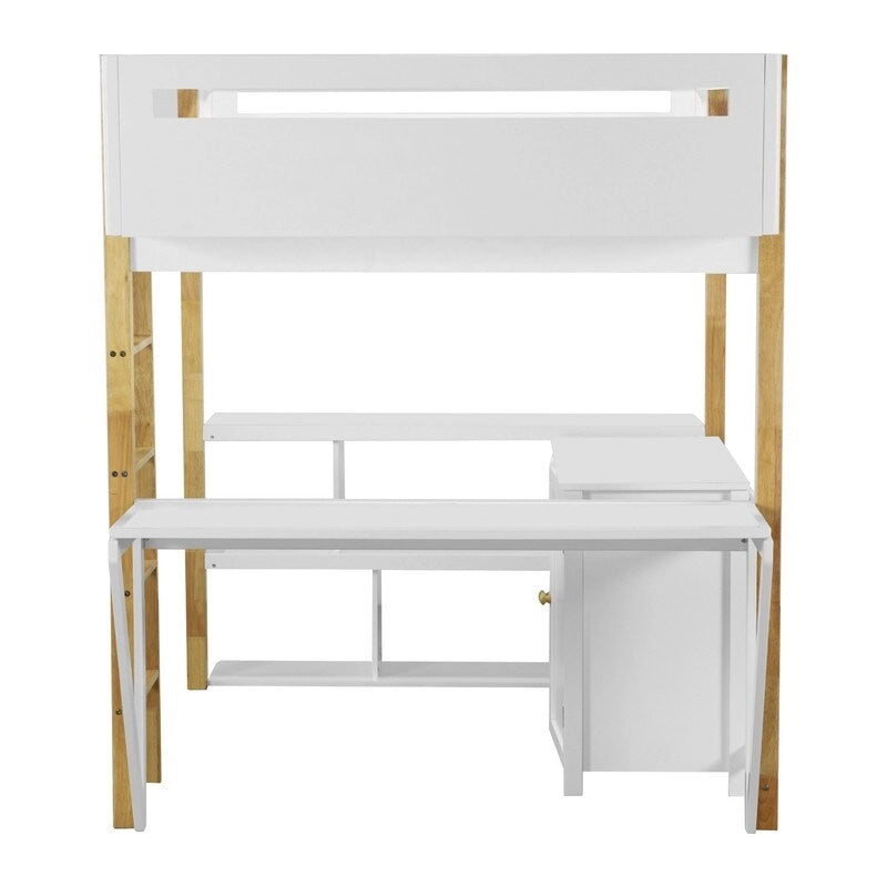 Lit mezzanine en bois pleine grandeur avec armoire de rangement intégrée et compartiments, bureau pliable