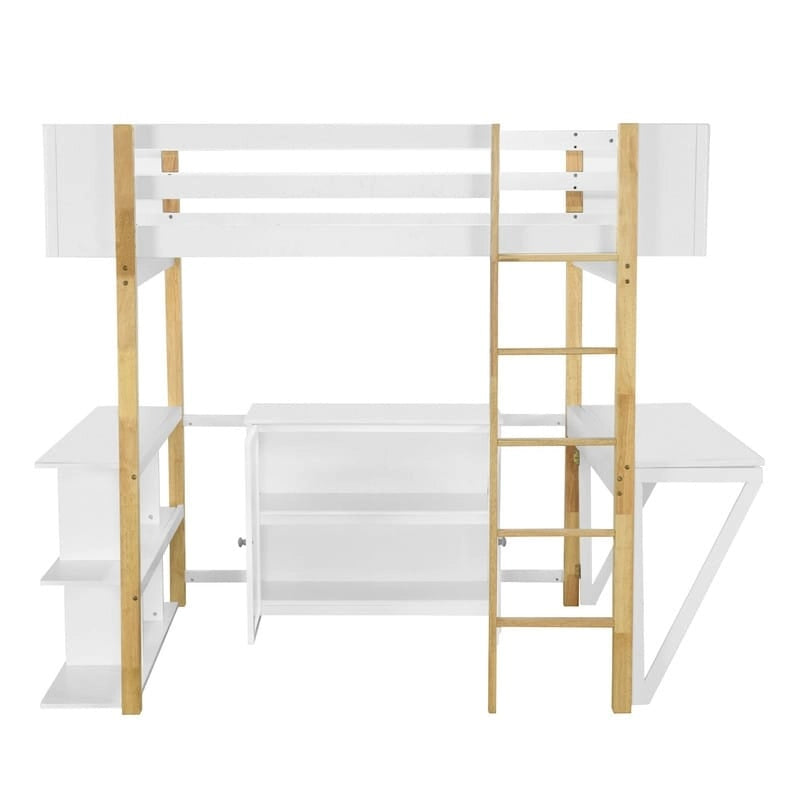 Lit mezzanine en bois pleine grandeur avec armoire de rangement intégrée et compartiments, bureau pliable