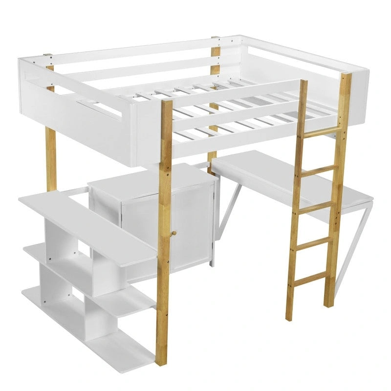 Lit mezzanine en bois pleine grandeur avec armoire de rangement intégrée et compartiments, bureau pliable