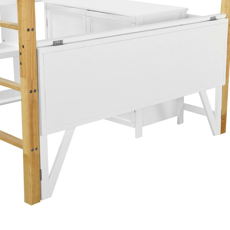 Lit mezzanine en bois pleine grandeur avec armoire de rangement intégrée et compartiments, bureau pliable