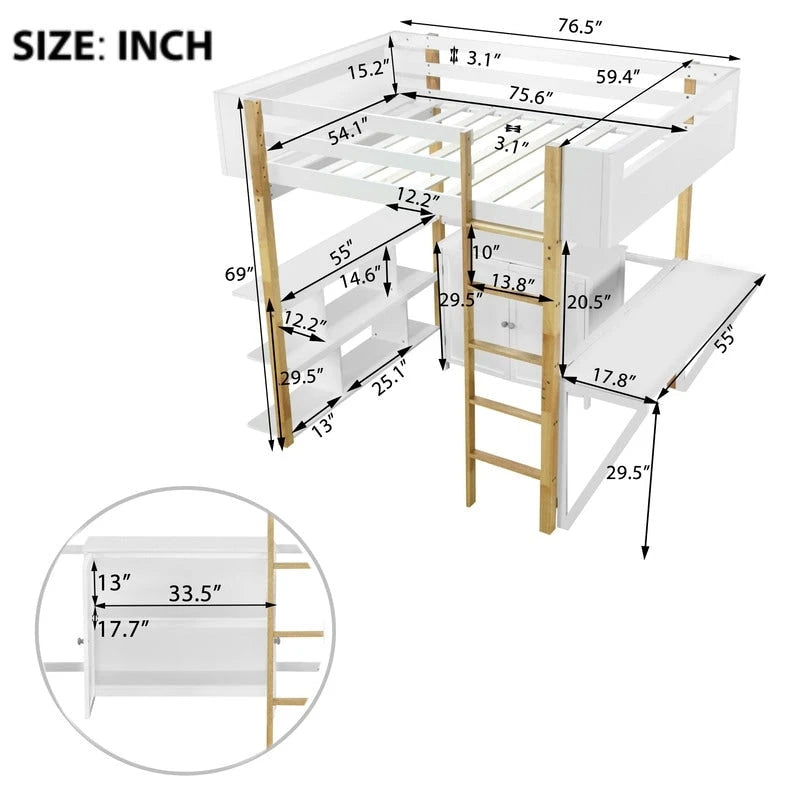 Lit mezzanine en bois pleine grandeur avec armoire de rangement intégrée et compartiments, bureau pliable