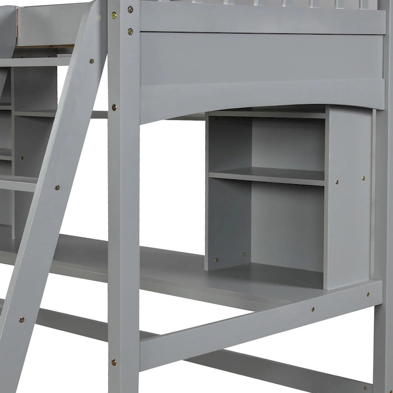 Loft Bed with Storage Shelves, Desk and Ladder