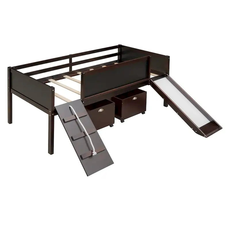 Lit superposé Espresso Pine avec cadre d'escalade, corde et tableau noir - Taille double avec toboggan