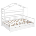 Wooden Full Size Creativity House Bed with Twin Size Trundle Bed and Storage Shelf, Full-Length Guardrail Bed for Kids Teens