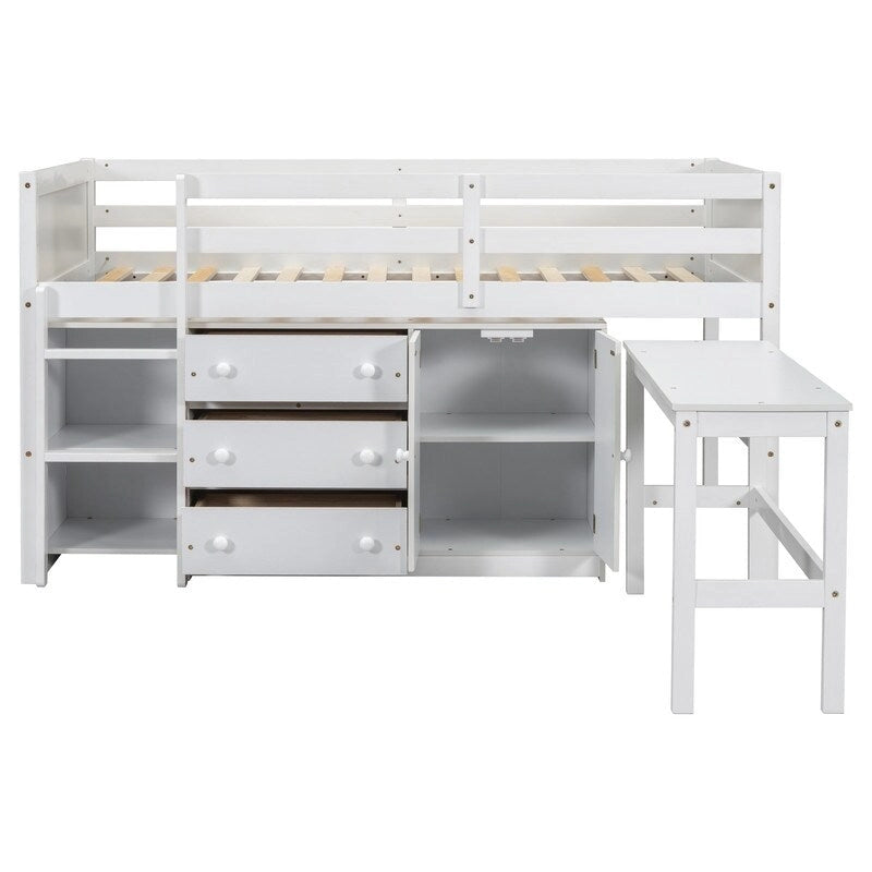 Lit mezzanine bas une place avec bureau coulissant, tiroirs, armoire et étagères
