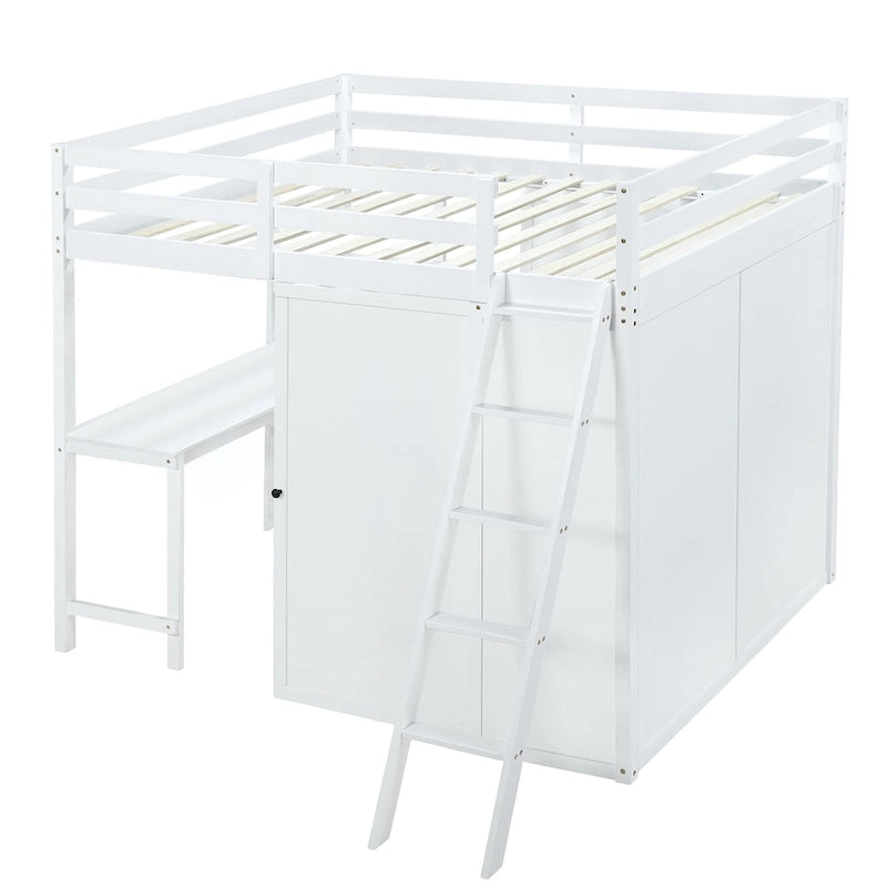 Full Size Loft Bed with Wardrobe and Desk and Shelves