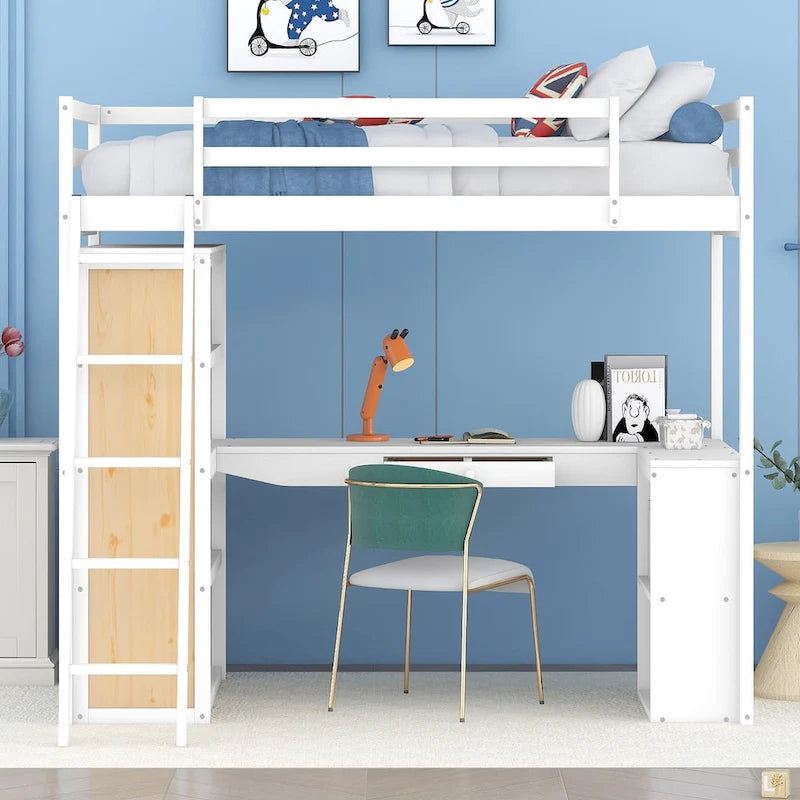 Lit mezzanine double avec échelle, étagères et bureau