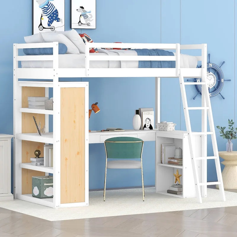 Lit mezzanine double avec échelle, étagères et bureau
