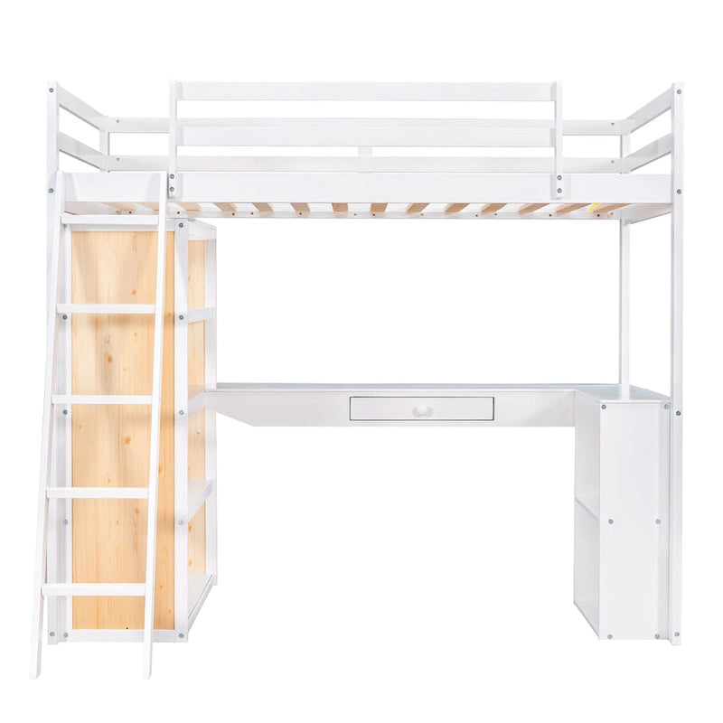 Lit mezzanine double avec échelle, étagères et bureau