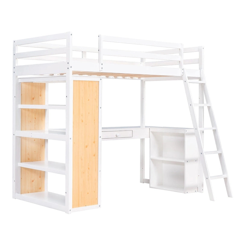 Lit mezzanine double avec échelle, étagères et bureau