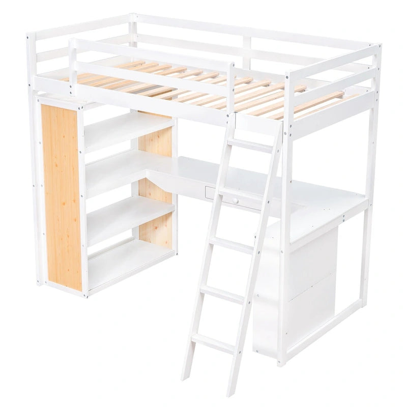 Lit mezzanine double avec échelle, étagères et bureau