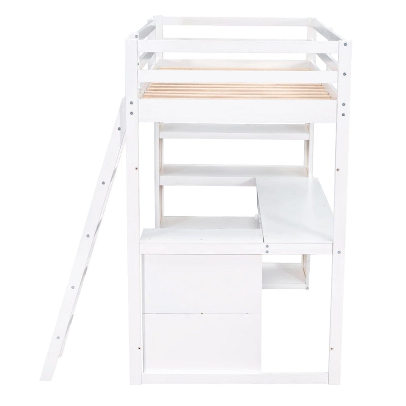 Lit mezzanine double avec échelle, étagères et bureau