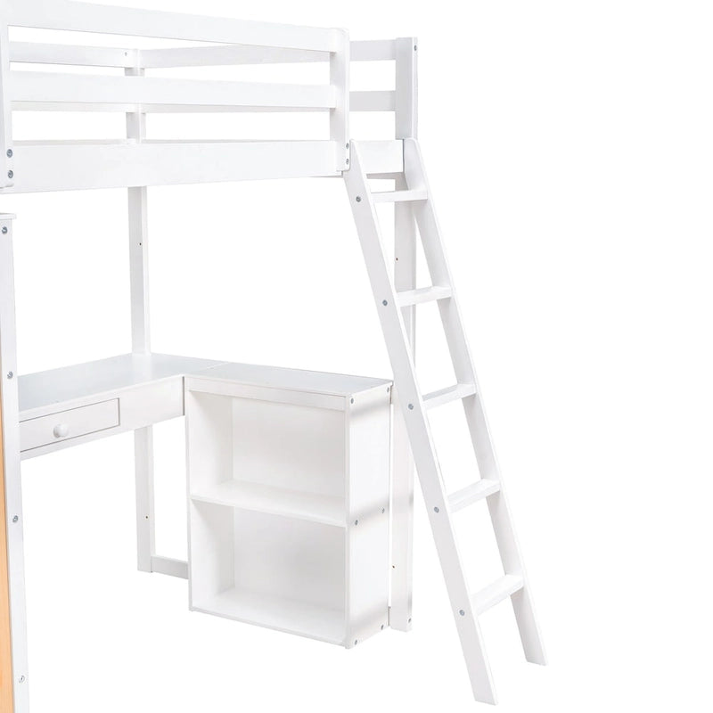 Lit mezzanine double avec échelle, étagères et bureau