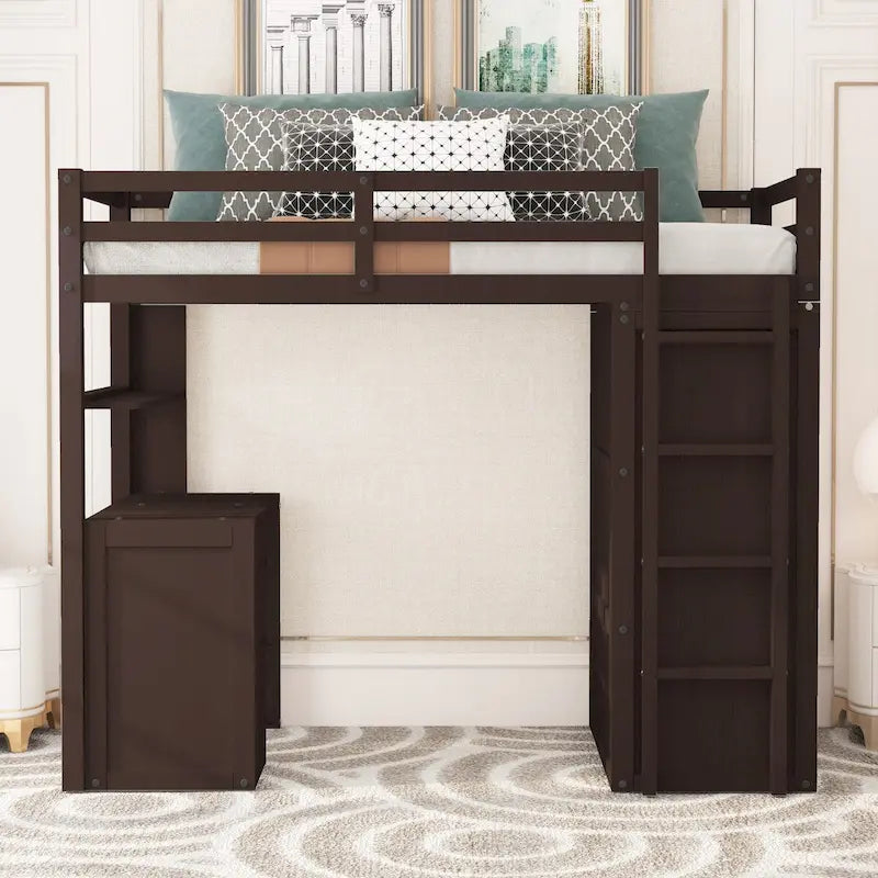 Lit mezzanine simple avec tiroirs, bureau et armoire