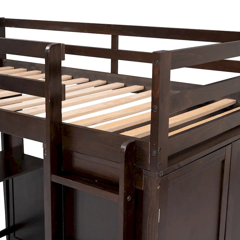 Lit mezzanine simple avec tiroirs, bureau et armoire