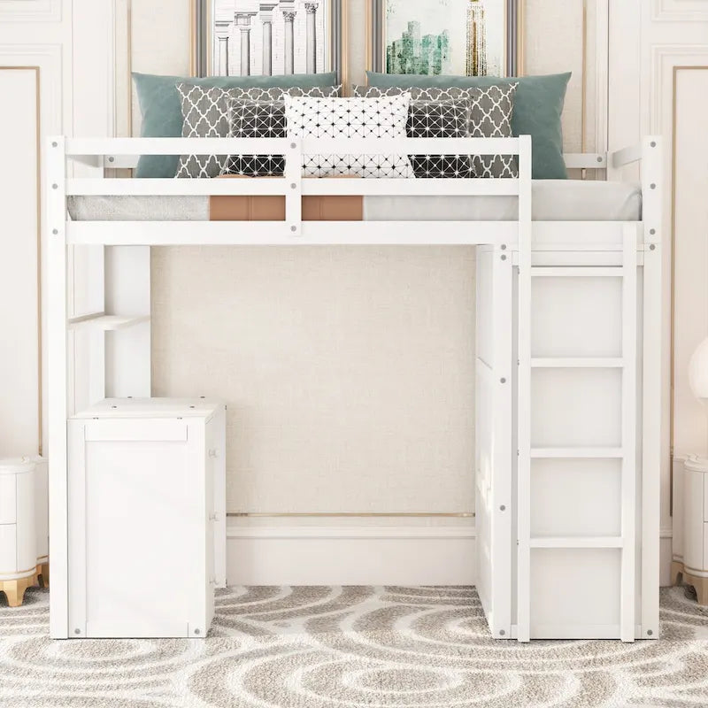 Lit mezzanine simple avec tiroirs, bureau et armoire