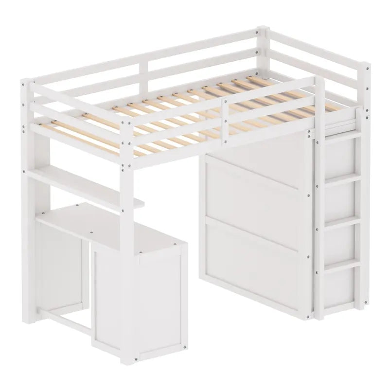Lit mezzanine simple avec tiroirs, bureau et armoire