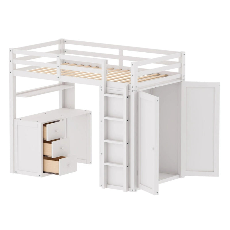 Lit mezzanine simple avec tiroirs, bureau et armoire