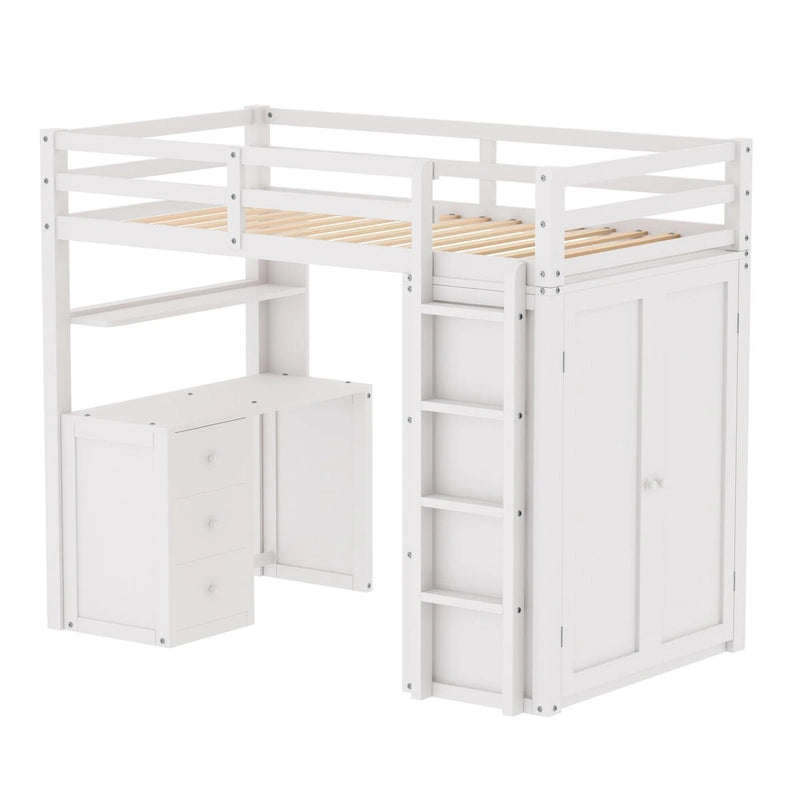 Lit mezzanine simple avec tiroirs, bureau et armoire