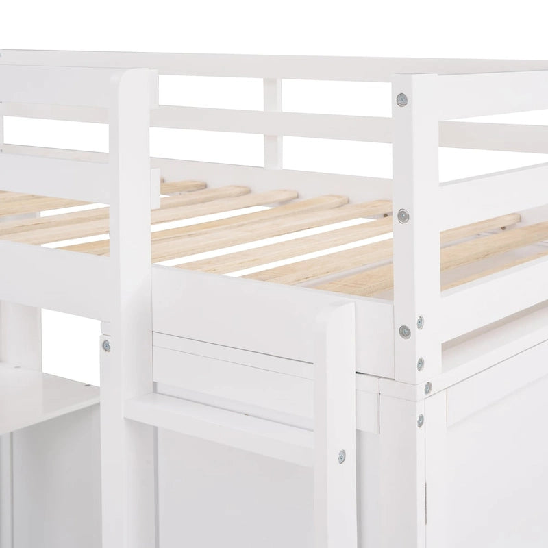 Lit mezzanine simple avec tiroirs, bureau et armoire