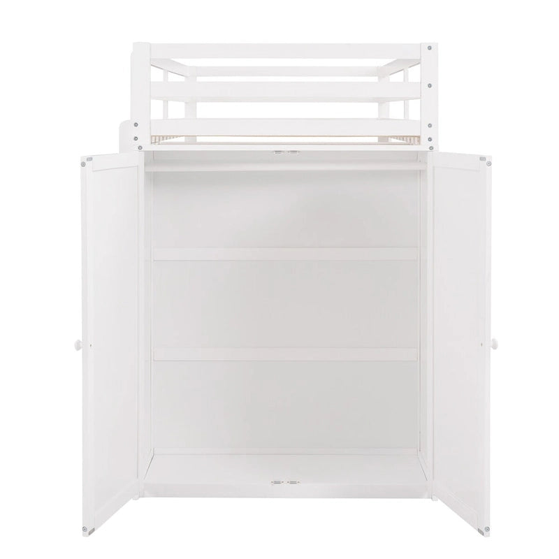 Lit mezzanine simple avec tiroirs, bureau et armoire