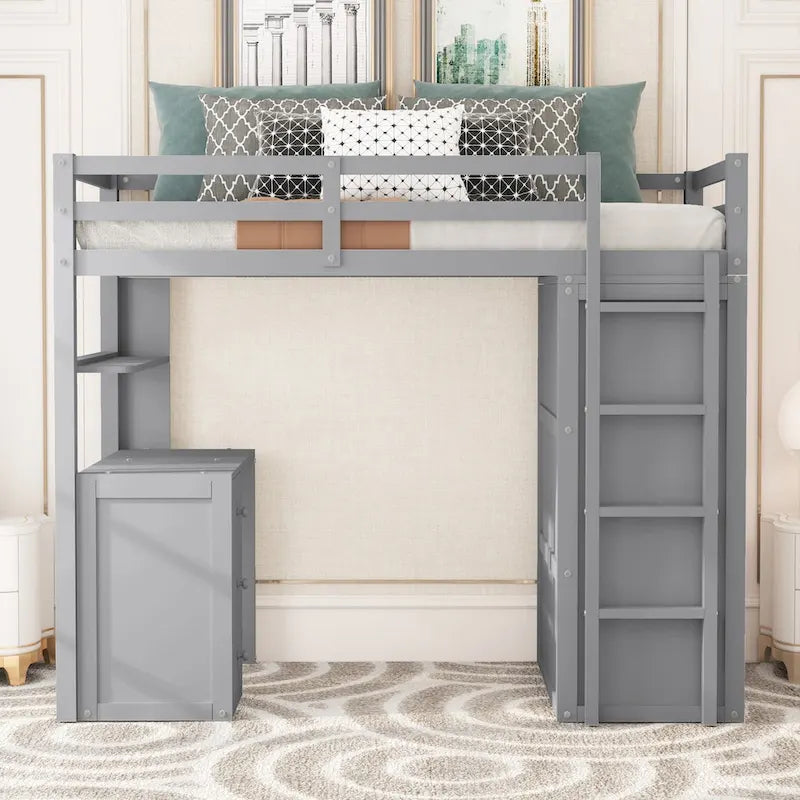 Lit mezzanine simple avec tiroirs, bureau et armoire
