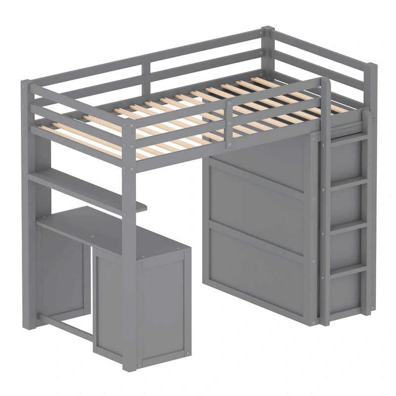 Lit mezzanine simple avec tiroirs, bureau et armoire