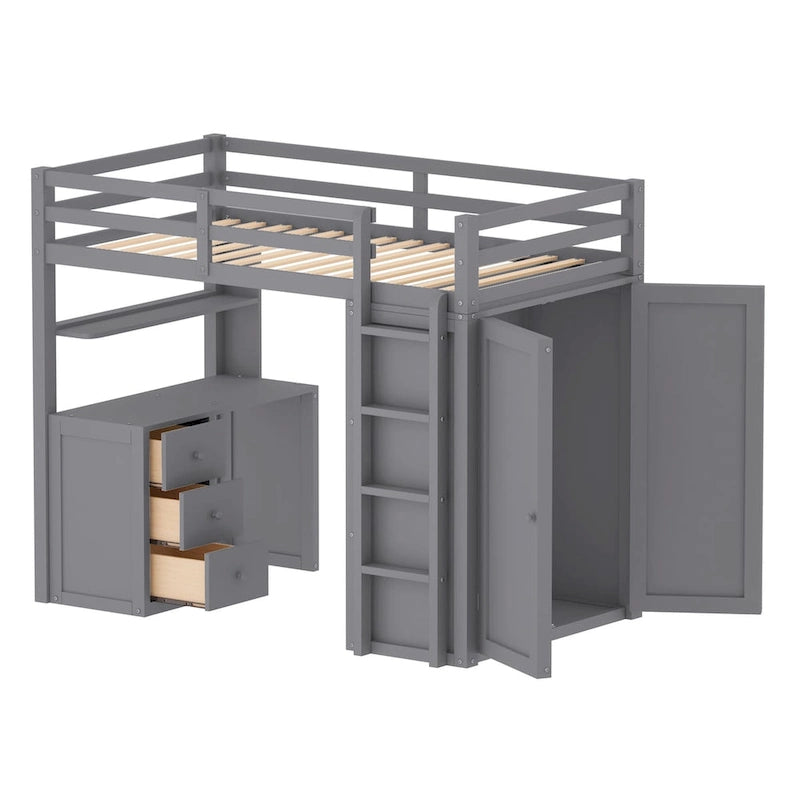 Lit mezzanine simple avec tiroirs, bureau et armoire
