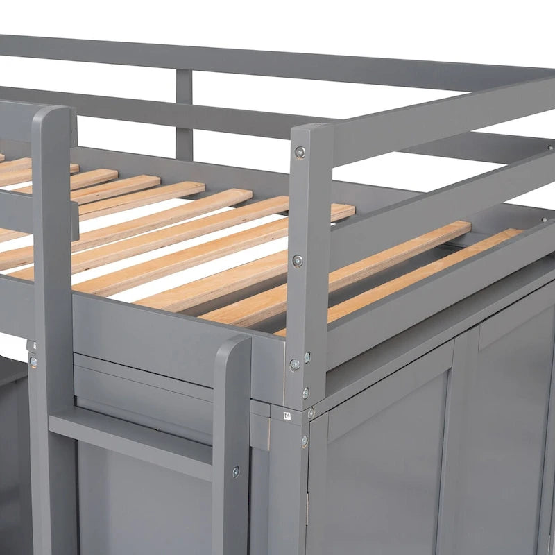 Lit mezzanine simple avec tiroirs, bureau et armoire