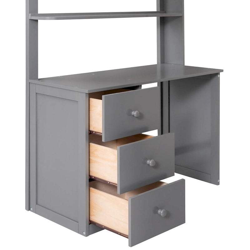 Lit mezzanine simple avec tiroirs, bureau et armoire
