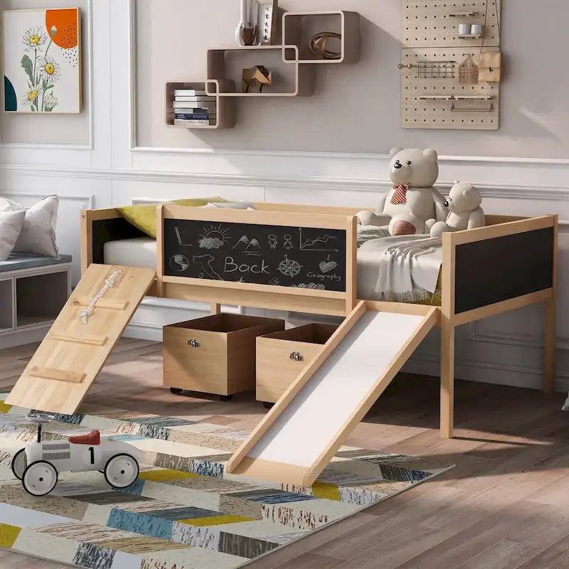 Twin size Loft Bed Wood Bed with Three Blackboards, Two Storage Boxes and A Slide, Three Colors Available