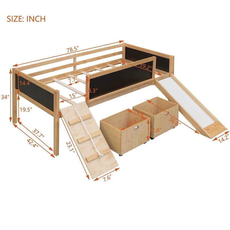 Lit mezzanine en bois, une place, avec trois tableaux noirs, deux boîtes de rangement et un toboggan
