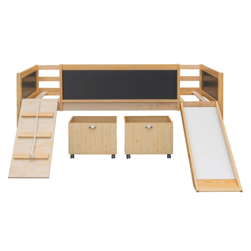 Lit mezzanine en bois, une place, avec trois tableaux noirs, deux boîtes de rangement et un toboggan