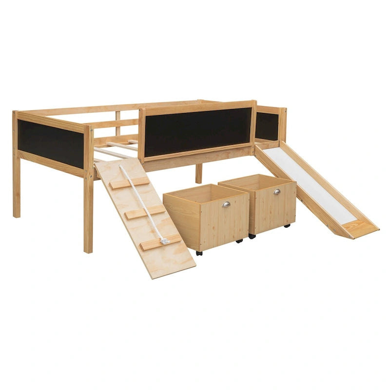 Lit mezzanine en bois, une place, avec trois tableaux noirs, deux boîtes de rangement et un toboggan