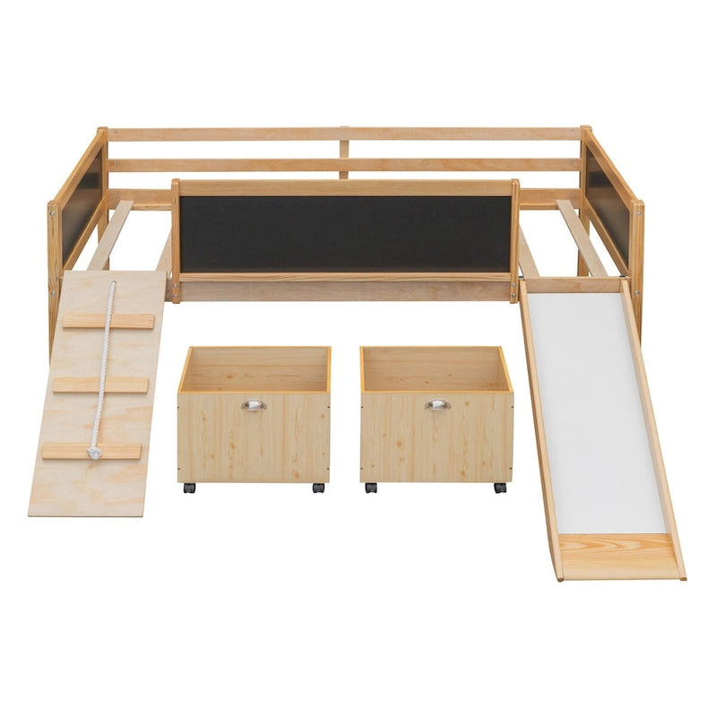 Lit mezzanine en bois, une place, avec trois tableaux noirs, deux boîtes de rangement et un toboggan