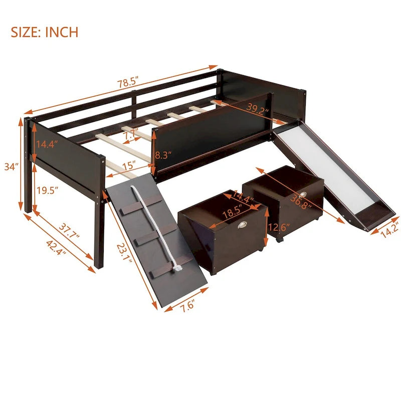 Lit mezzanine en bois, une place, avec trois tableaux noirs, deux boîtes de rangement et un toboggan